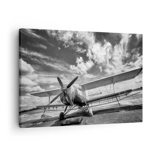 Quadro em tela - Um avião velho no aeroporto em preto e branco - 70x50cm - Mal posso esperar! - Decoração de parede moderna para a sala de estar e quarto ARTTOR