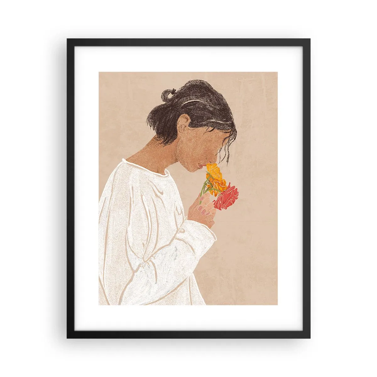 Pôster com moldura preta - Menina e flores - 40x50 cm