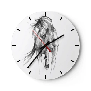 Relógio de parede - Relógio em vidro - Um esboço a lápis de um cavalo galopando em um fundo branco. - 30x30cm - Num trote gracioso - Decoração de parede moderna para a sala de estar, cozinha e quarto ARTTOR