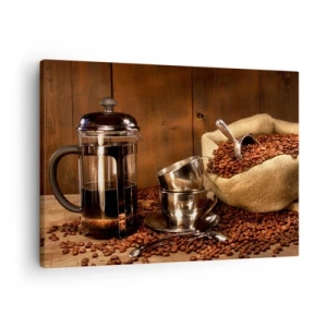Quadro em tela - Prensa francesa, xícaras e um saco de café sobre um fundo de madeira - 70x50cm - O charme do café - aroma e sabor - Decoração de parede moderna para a sala de estar e quarto ARTTOR