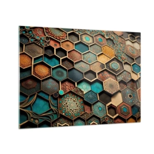 Quadro em vidro - Mosaico com padrões geométricos em estilo oriental - 70x50cm - Ornamentos árabes – variação - Decoração de parede moderna para a sala de estar e quarto ARTTOR