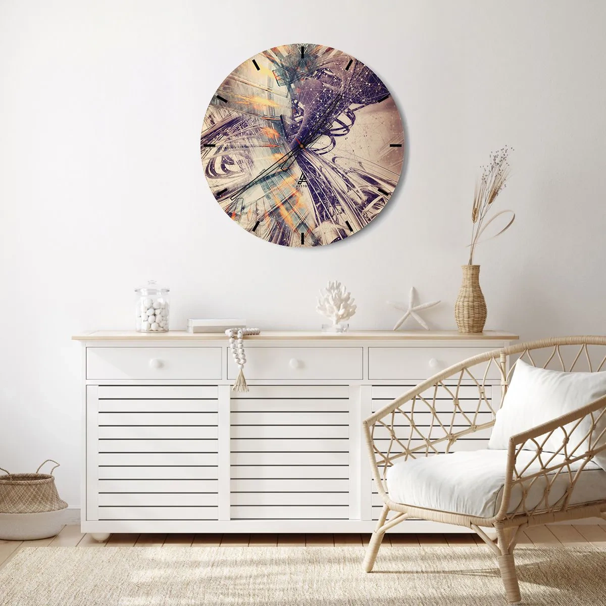 Relógio de parede - Relógio em vidro - Composição geométrica abstrata em tons de bege e roxo - 30x30cm - Com muita pressa - Decoração de parede moderna para a sala de estar, cozinha e quarto ARTTOR