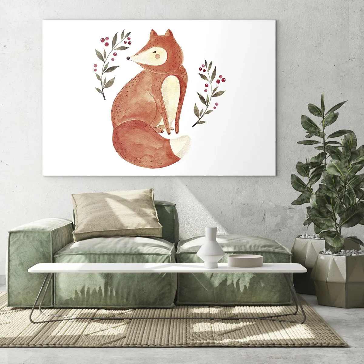 Quadro em vidro - Adorável raposa em aquarela com galhos e frutas - 70x50cm - Pequeno ruivo - Decoração de parede moderna para a sala de estar e quarto ARTTOR