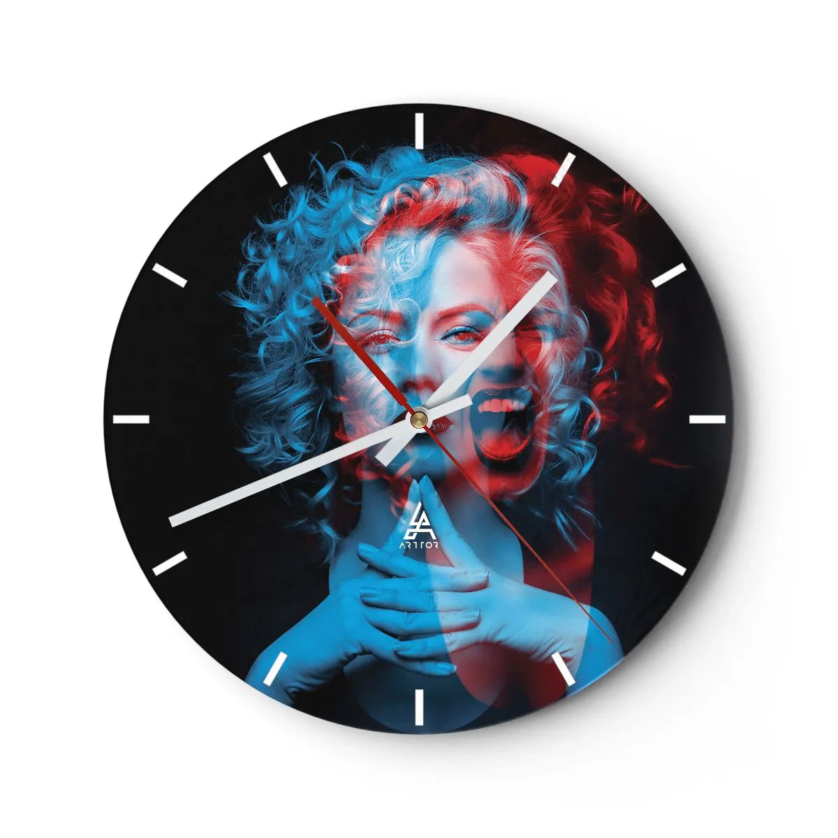 Relógio de parede - Relógio em vidro - Efeito 3D mulher nas cores azul e vermelho - 30x30cm - O outro eu - Decoração de parede moderna para a sala de estar, cozinha e quarto ARTTOR