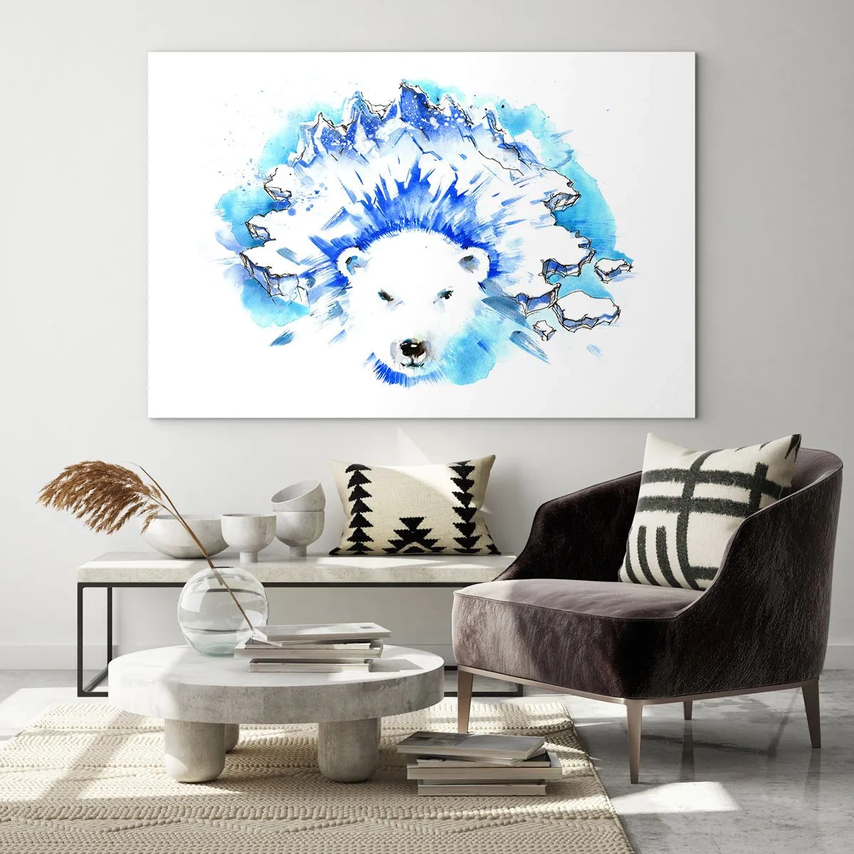 Quadro em vidro - Um urso polar em um cenário de montanhas geladas em tons de azul. - 70x50cm - O Rei do Ártico em uma coroa de gelo - Decoração de parede moderna para a sala de estar e quarto ARTTOR