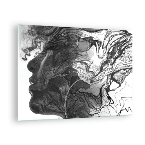 Quadro em vidro - Silhueta preta e branca de uma mulher com linhas abstratas - 70x50cm - Entrelaçados em sonhos - Decoração de parede moderna para a sala de estar e quarto ARTTOR