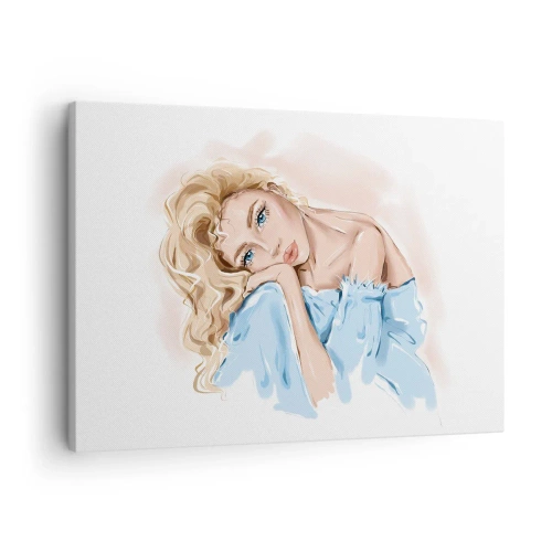 Quadro em tela - Retrato de uma mulher de vestido azul com cabelos loiros - 70x50cm - Sonhadora em azul - Decoração de parede moderna para a sala de estar e quarto ARTTOR