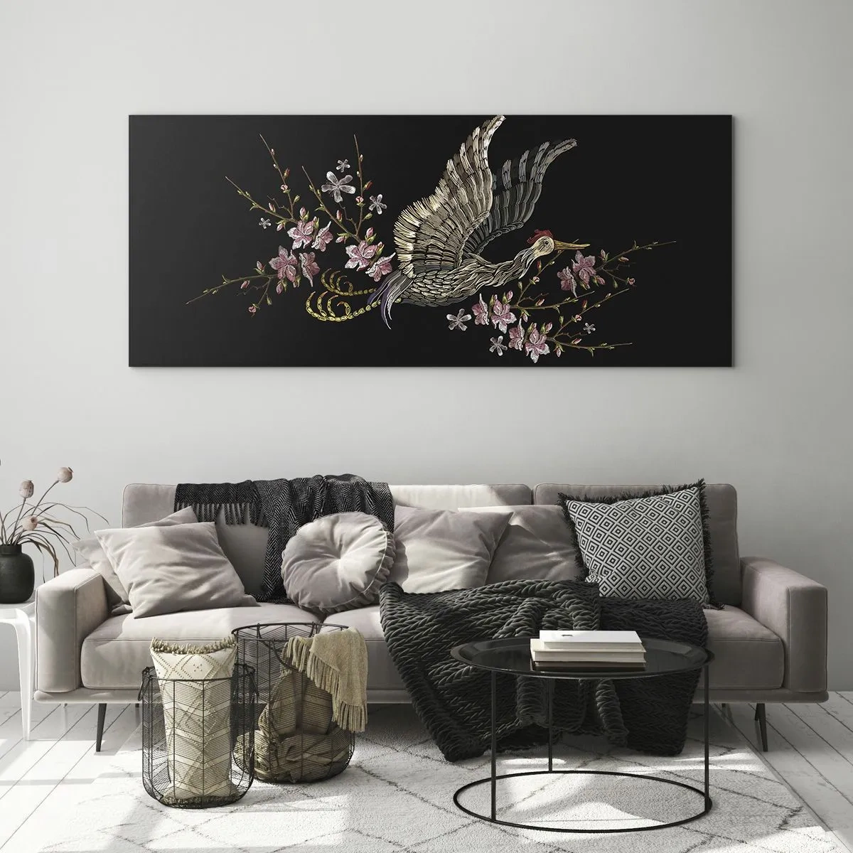 Quadro em vidro - Pássaro exótico e bordado - 100x40 cm