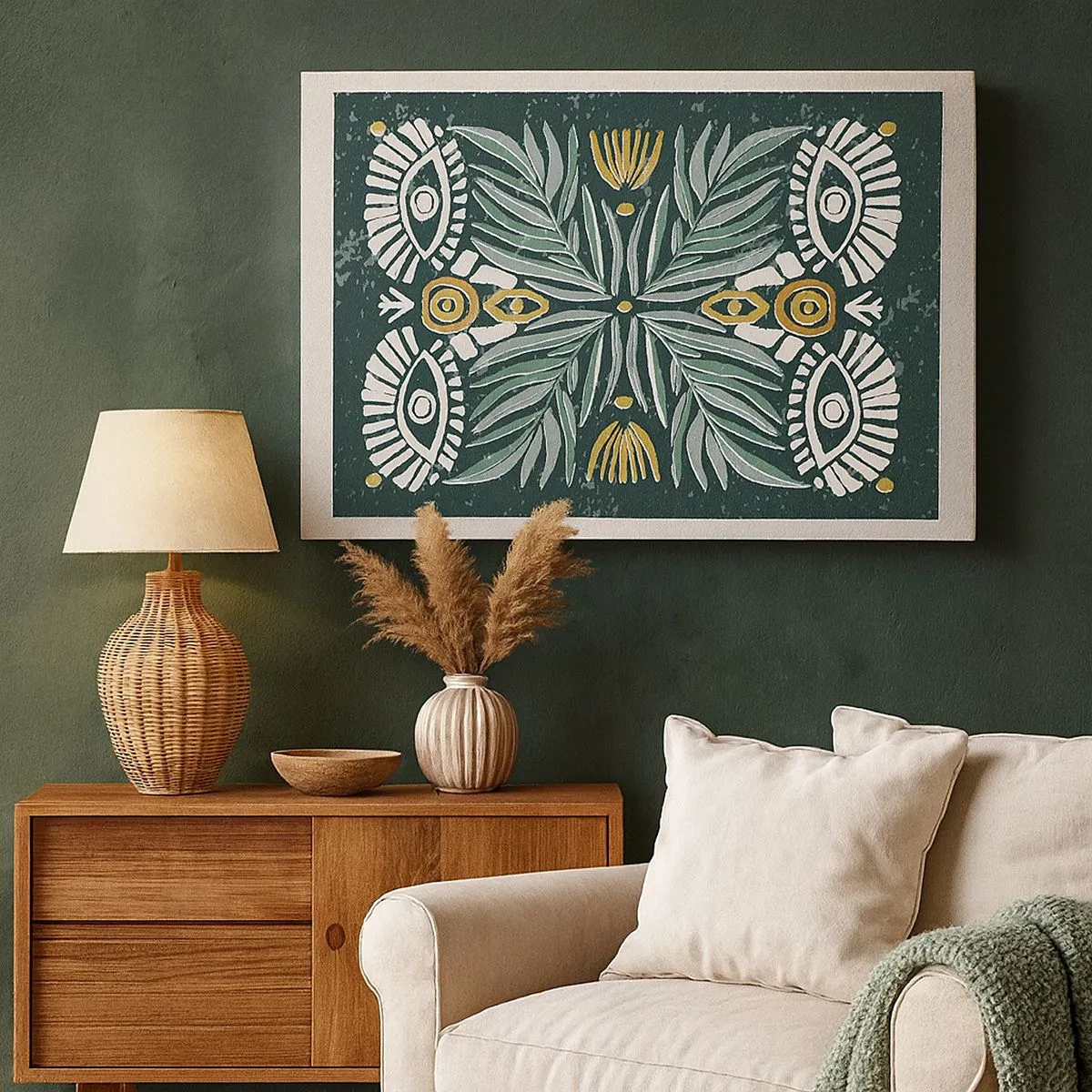 Quadro em tela - Padrão de planta simétrico em um fundo verde - 70x50cm - Como um recorte folclórico - Decoração de parede moderna para a sala de estar e quarto ARTTOR