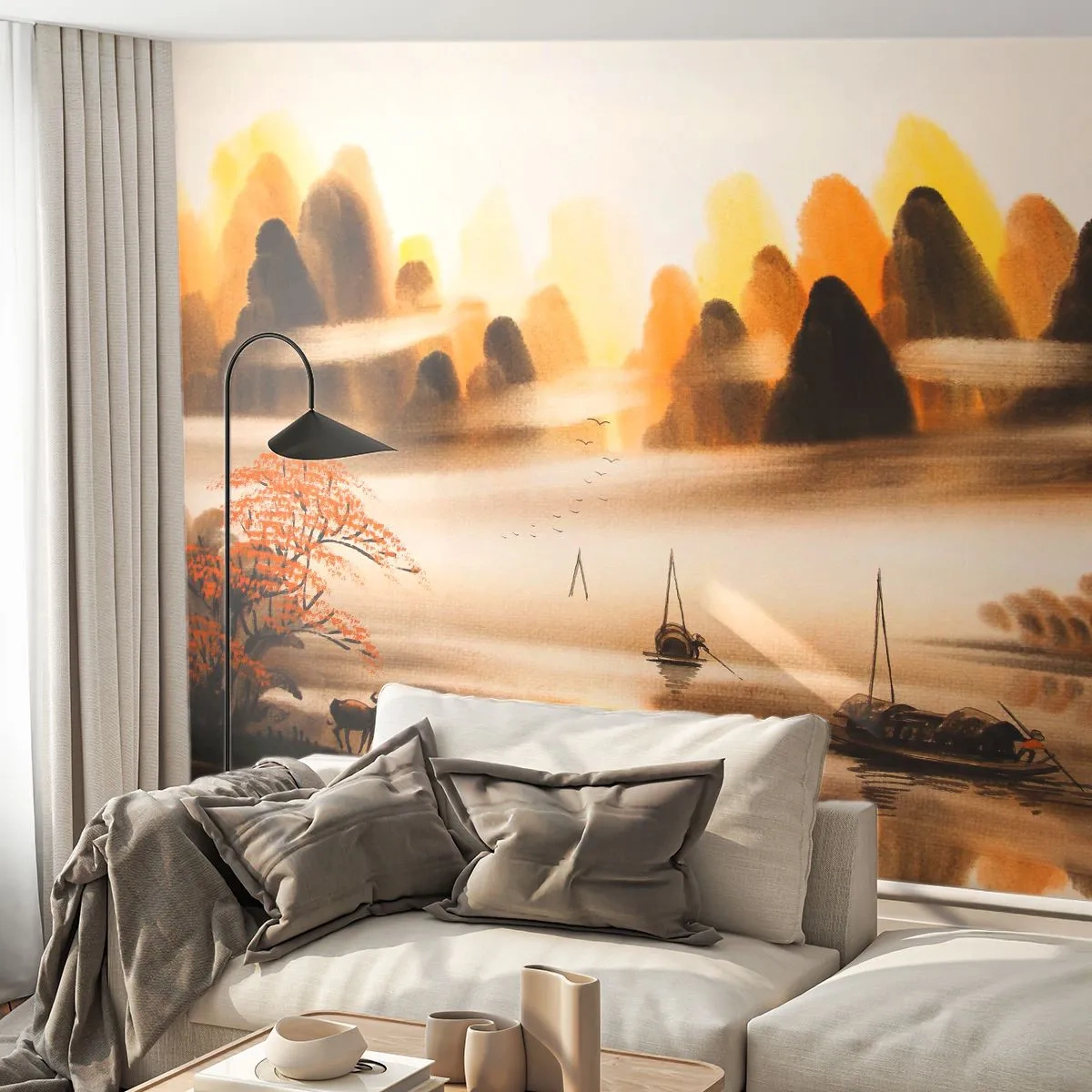 Papel de Parede Standard Eco - Paisagem oriental com montanhas, rio e barcos ao pôr do sol - 100x70cm - Além do Extremo Oriente - Decoração de parede moderna para a sala de estar e quarto ARTTOR