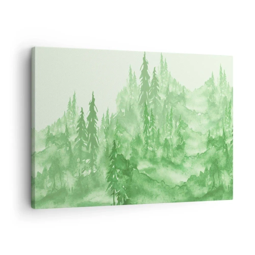 Quadro em tela - Floresta verde em estilo aquarela sobre fundo claro - 70x50cm - Desfocado pela névoa verde  - Decoração de parede moderna para a sala de estar e quarto ARTTOR