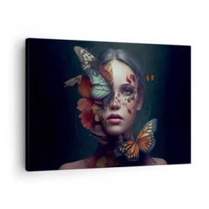 Quadro em tela - Retrato de uma mulher com borboletas e elementos vegetais - 70x50cm - Uma metamorfose maravilhosa - Decoração de parede moderna para a sala de estar e quarto ARTTOR