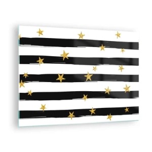 Quadro em vidro - Listras pretas e brancas com estrelas douradas - 70x50cm - Todos nós nascemos sob uma estrela da sorte - Decoração de parede moderna para a sala de estar e quarto ARTTOR