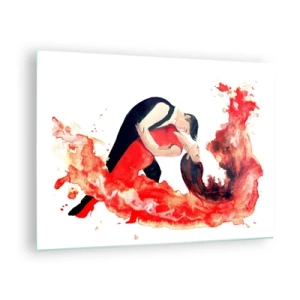 Quadro em vidro - Um casal dançando em uma composição dinâmica de aquarela vermelha - 70x50cm - Tango - uma onda sensual - Decoração de parede moderna para a sala de estar e quarto ARTTOR