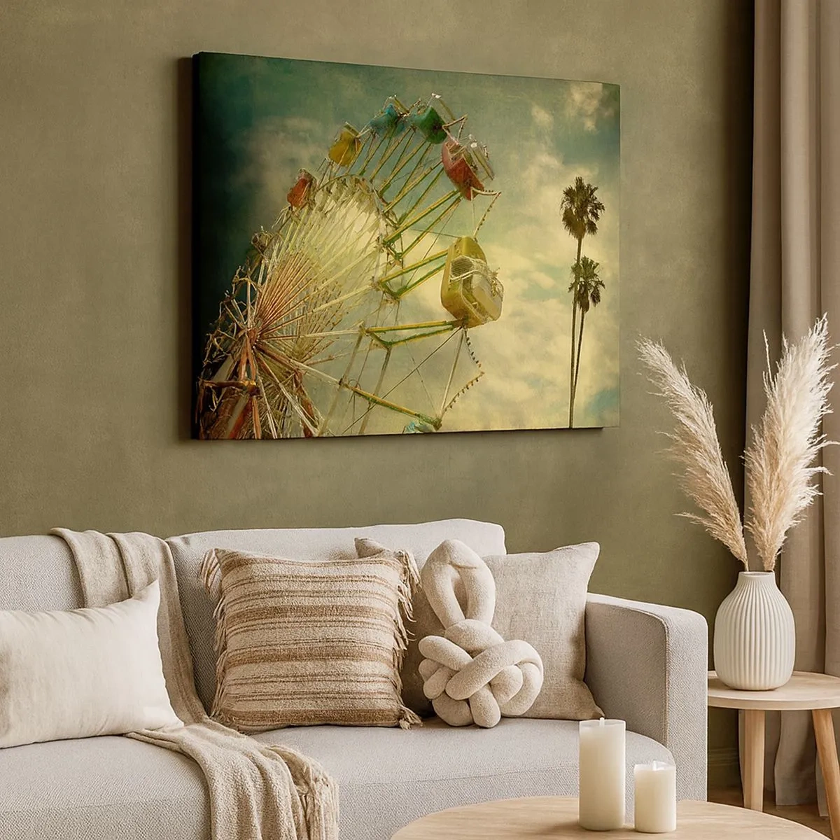 Quadro em tela - Foto retrô de uma roda gigante com palmeiras contra o céu - 70x50cm - Será divertido… - Decoração de parede moderna para a sala de estar e quarto ARTTOR