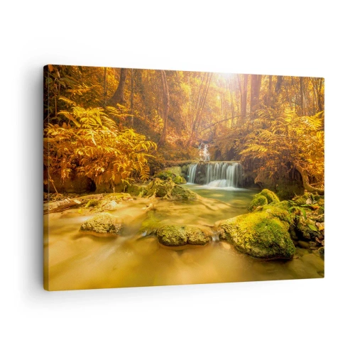 Quadro em tela - Uma cachoeira dourada em uma floresta de outono cercada por vegetação - 70x50cm - Cascata na floresta em ouro - Decoração de parede moderna para a sala de estar e quarto ARTTOR