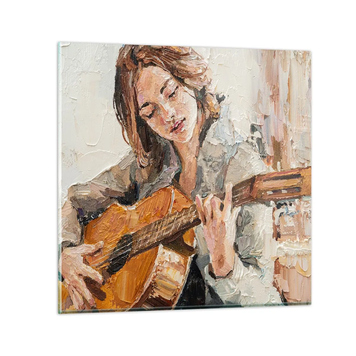 Quadro em vidro - Concerto de violão e coração de rapariga - 60x60 cm