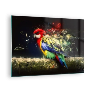 Quadro em vidro - Um papagaio colorido em uma composição artística com efeito de quebra - 70x50cm - O mensageiro do Brilho - Decoração de parede moderna para a sala de estar e quarto ARTTOR