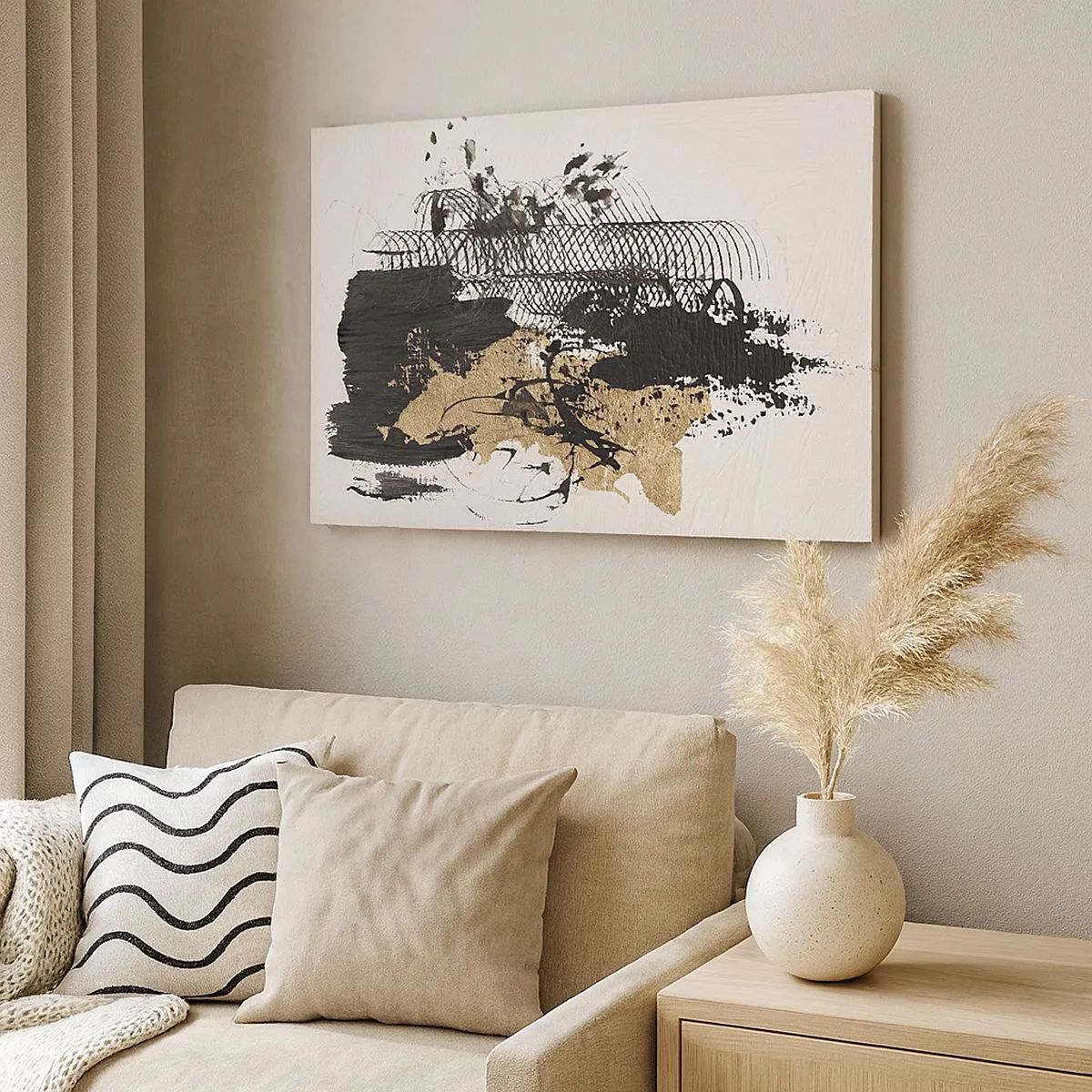 Quadro em tela - Uma pintura abstrata em preto e dourado com linhas e estruturas dinâmicas. - 70x50cm - Composição com paixão - Decoração de parede moderna para a sala de estar e quarto ARTTOR