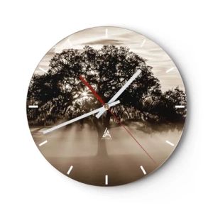 Relógio de parede - Relógio em vidro - Árvore em uma cena de neblina ao amanhecer em sépia - 30x30cm - Uma árvore só de boas notícias - Decoração de parede moderna para a sala de estar, cozinha e quarto ARTTOR