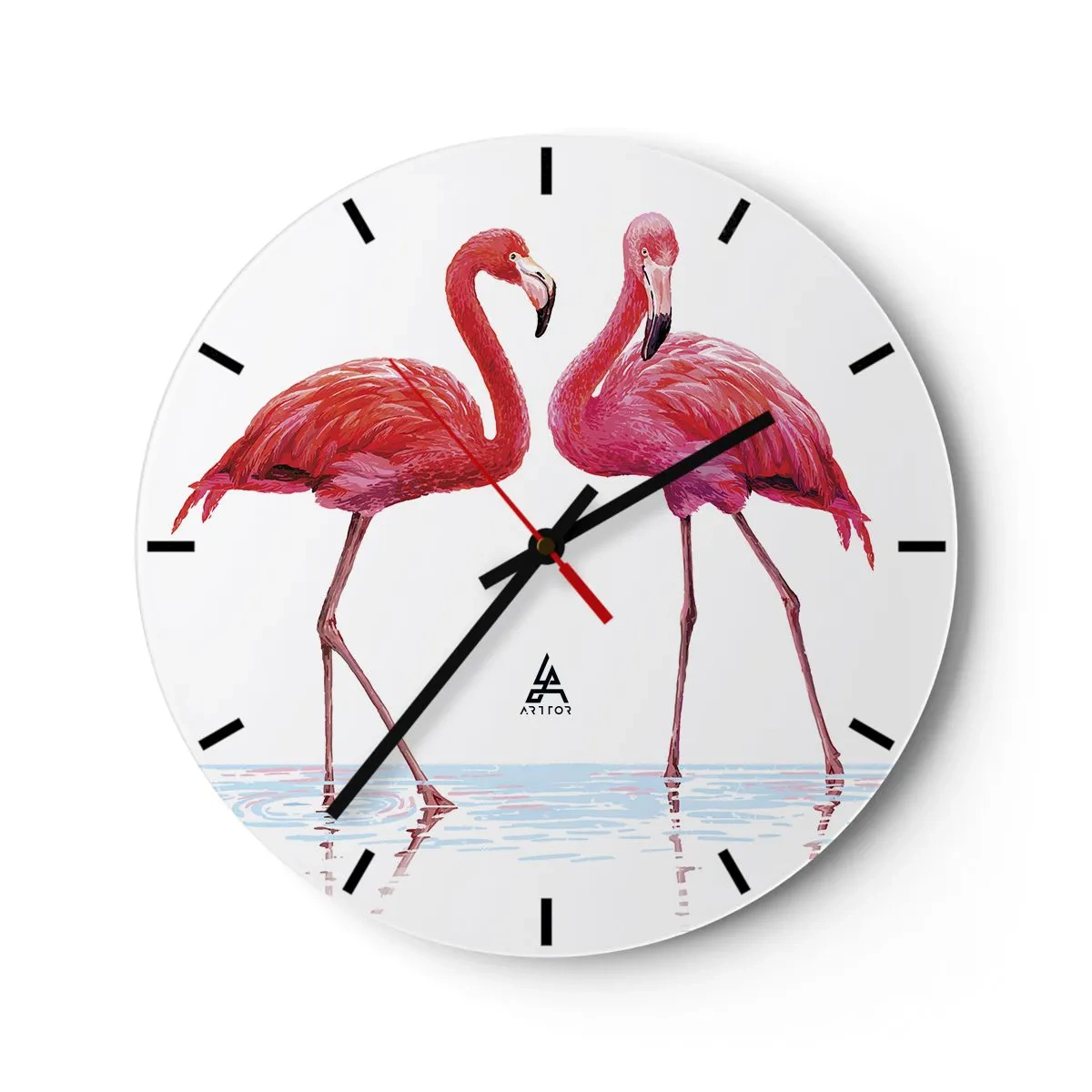 Relógio de parede - Relógio em vidro - Dois flamingos cor-de-rosa parados na água - 30x30cm - Rosa randez-vous - Decoração de parede moderna para a sala de estar, cozinha e quarto ARTTOR