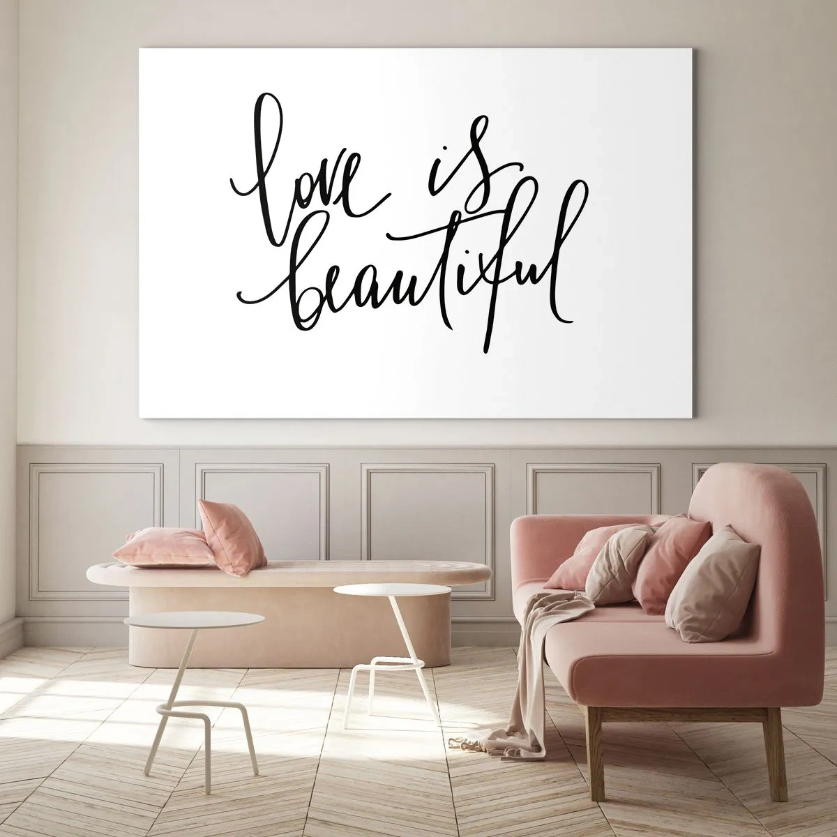 Quadro em vidro - A citação 'o amor é lindo' em um estilo elegante e manuscrito em um fundo branco - 70x50cm - Leia e repita - Decoração de parede moderna para a sala de estar e quarto ARTTOR