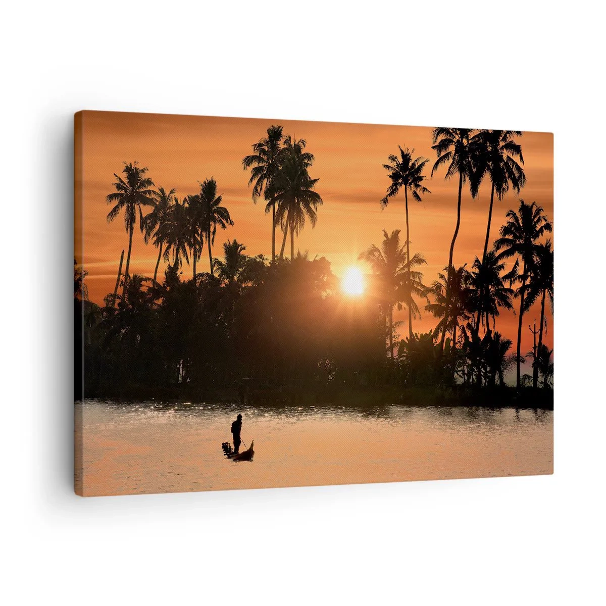 Quadro em tela - Pôr do sol sobre palmeiras e um lago calmo com um barco - 70x50cm - Hora do descanso - Decoração de parede moderna para a sala de estar e quarto ARTTOR