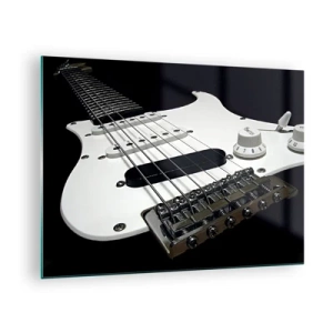 Quadro em vidro - Close-up de uma guitarra elétrica branca contra um fundo escuro - 70x50cm - Som oculto no branco - Decoração de parede moderna para a sala de estar e quarto ARTTOR