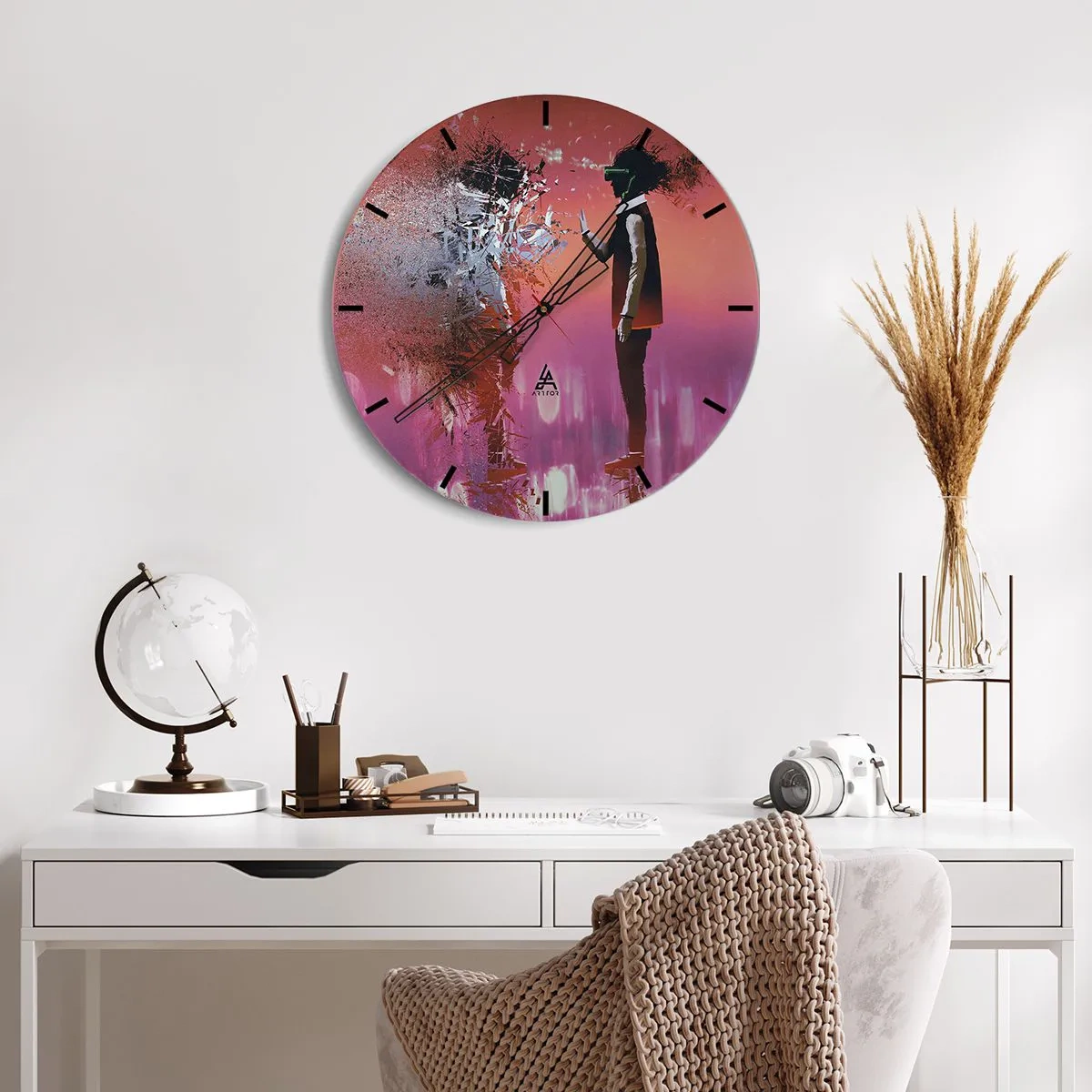 Relógio de parede - Relógio em vidro - Um personagem com óculos de realidade virtual em um mundo futurista e rosa - 30x30cm - É possível olhar para dentro de si mesmo? - Decoração de parede moderna para a sala de estar, cozinha e quarto ARTTOR