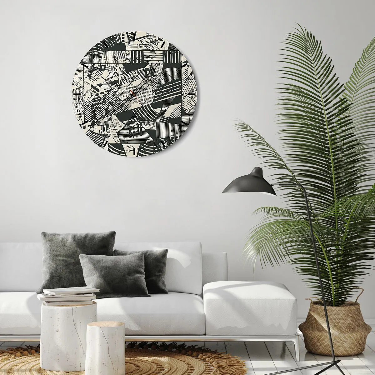 Relógio de parede - Relógio em vidro - Padrão abstrato geométrico em estilo gráfico - 30x30cm - A dinâmica do presente - Decoração de parede moderna para a sala de estar, cozinha e quarto ARTTOR