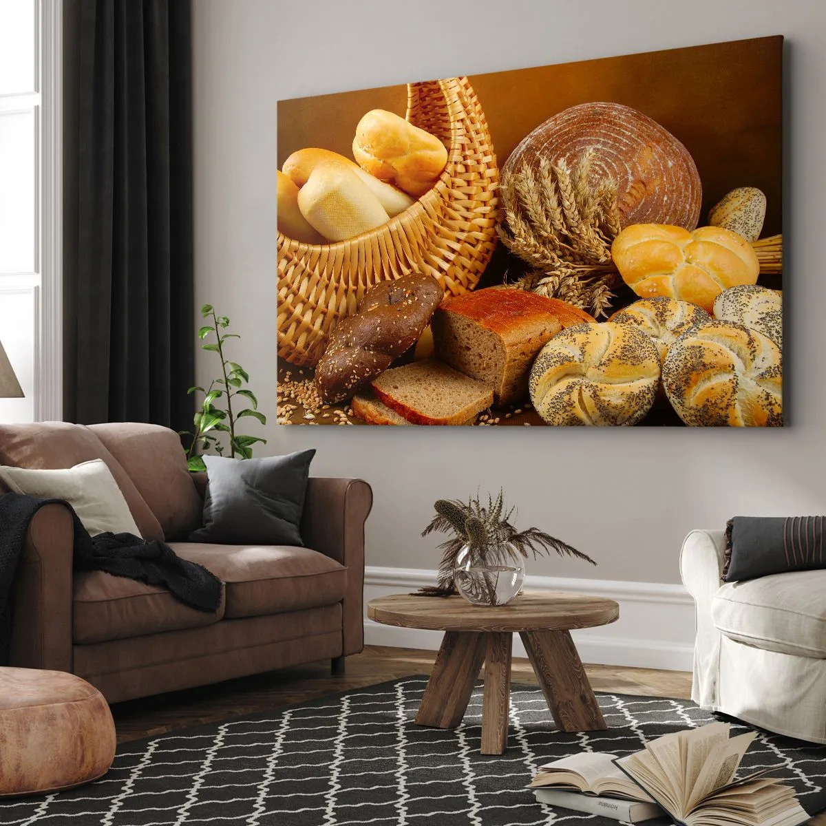 Quadro em tela - Vários pães em uma cesta de vime sobre fundo dourado - 70x50cm - Safamo-nos novamente - Decoração de parede moderna para a sala de estar e quarto ARTTOR