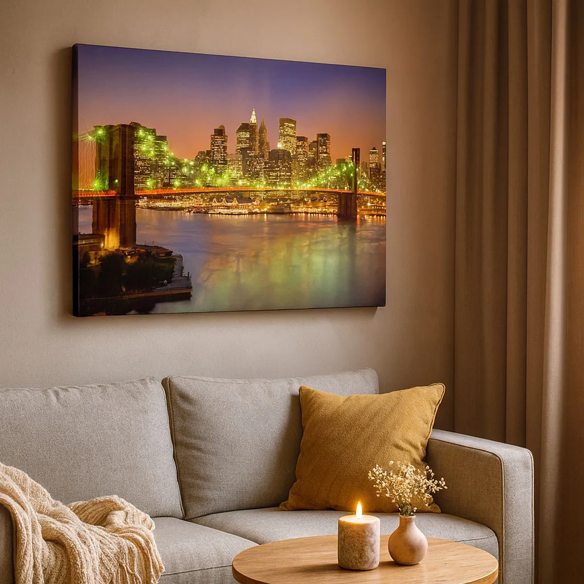 Quadro em tela - Ponte iluminada em uma cidade moderna à noite - 70x50cm - Aqui a luz nunca se apaga - Decoração de parede moderna para a sala de estar e quarto ARTTOR
