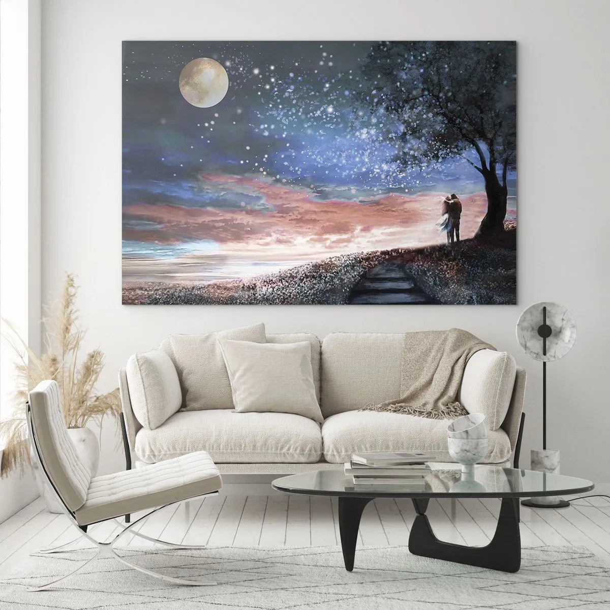 Quadro em vidro - Um casal apaixonado sob uma árvore com a lua e as estrelas - 70x50cm - Espetáculo estrelado - Decoração de parede moderna para a sala de estar e quarto ARTTOR