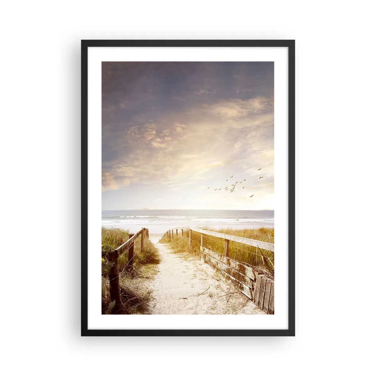 Pôster com moldura preta - Caminho para a praia ao pôr do sol com pássaros voando - 50x70cm - Espaço de paz - Decoração de parede moderna para a sala de estar e quarto ARTTOR