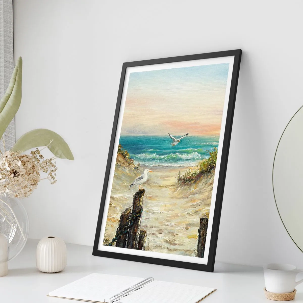 Pôster com moldura preta - Praia com gaivotas e ondas ao pôr do sol - 50x70cm - Refúgio sem vento - Decoração de parede moderna para a sala de estar e quarto ARTTOR