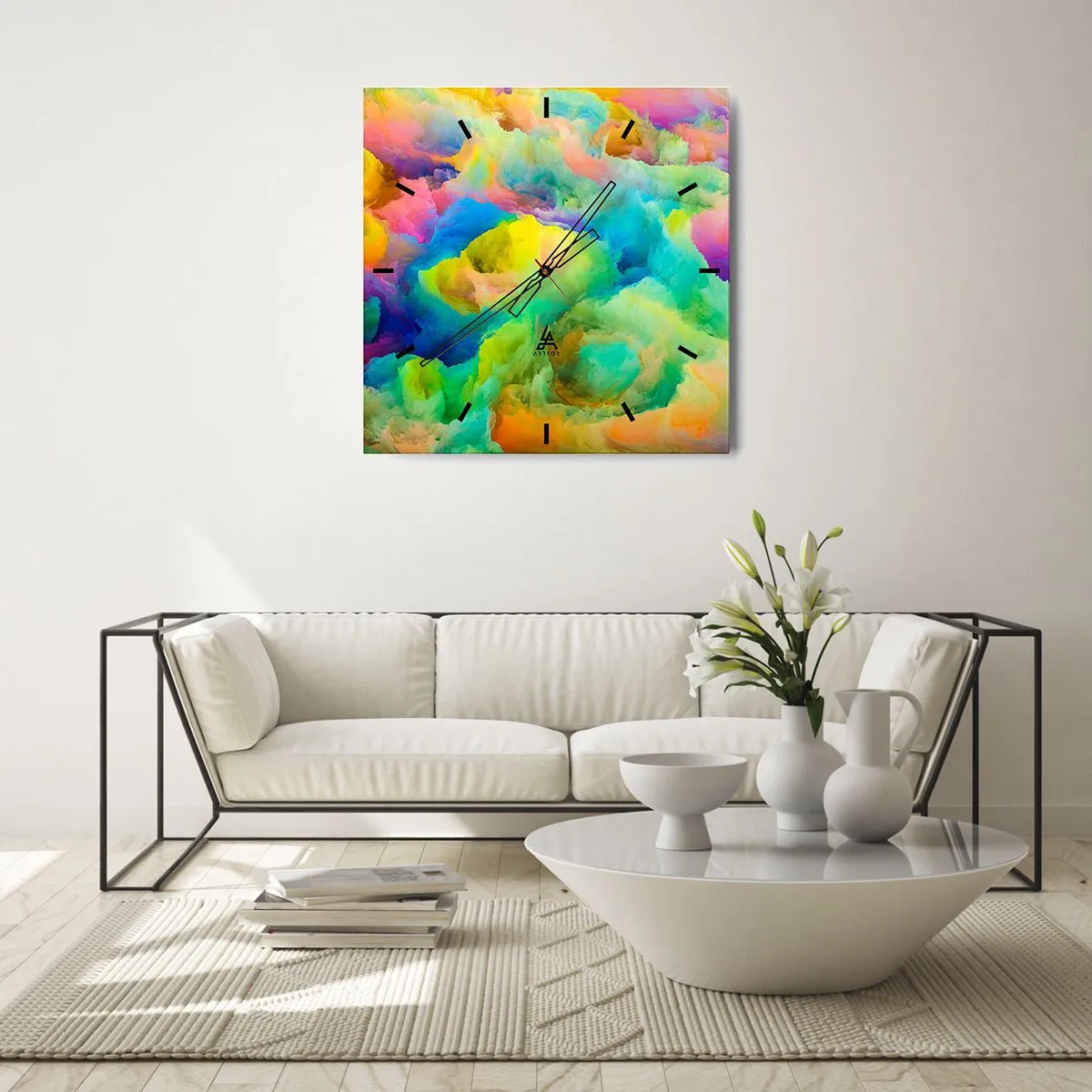 Relógio de parede - Relógio em vidro - Penugem arco-íris - 40x40 cm