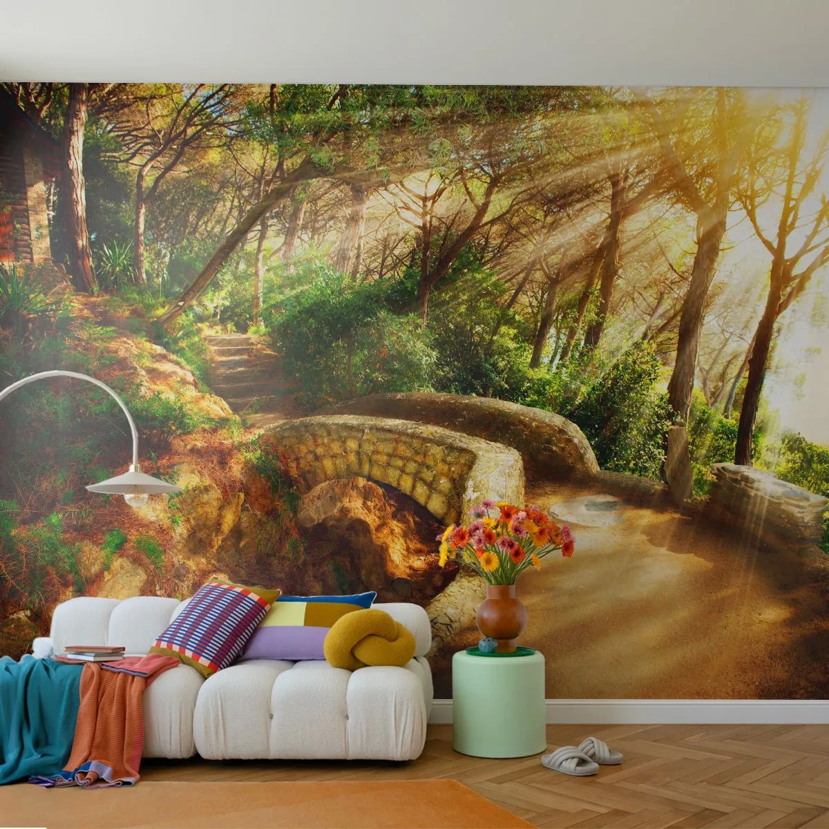 Papel de Parede Autocolante Deluxe Sticker - Direto da ponte para a floresta de contos de fadas - Paisagens, Escadas de pedra, Raios de sol - 250x175 cm
