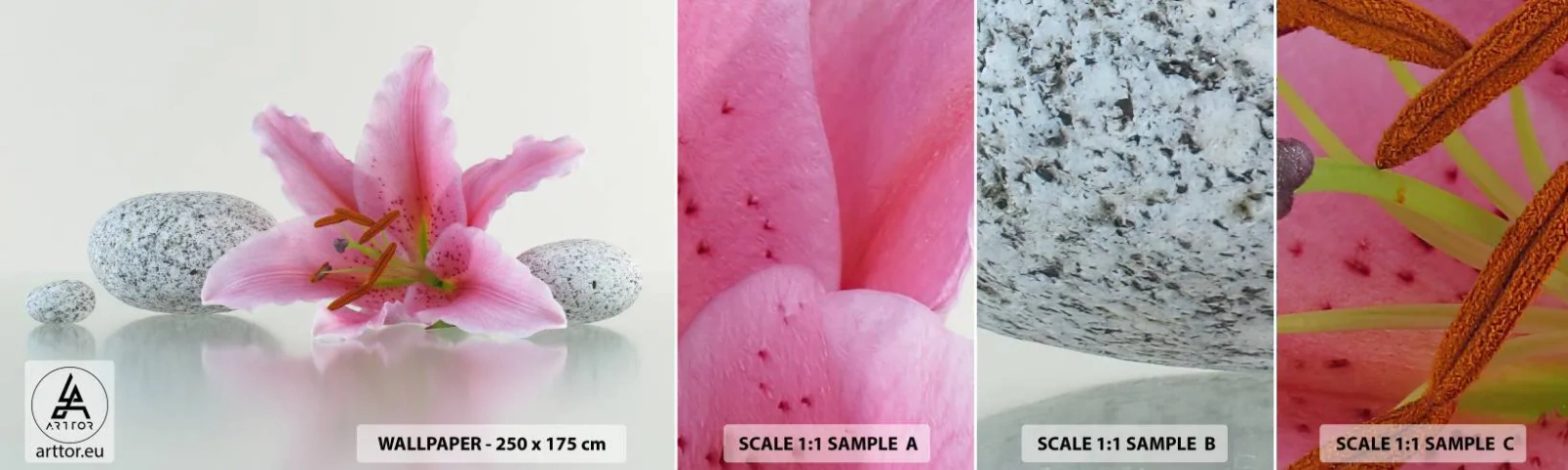 Amostra de Papel de Parede Standard Eco - Estudo em rosa, cinza e branco - Flores, Lírio, Pedras - 100x30 cm