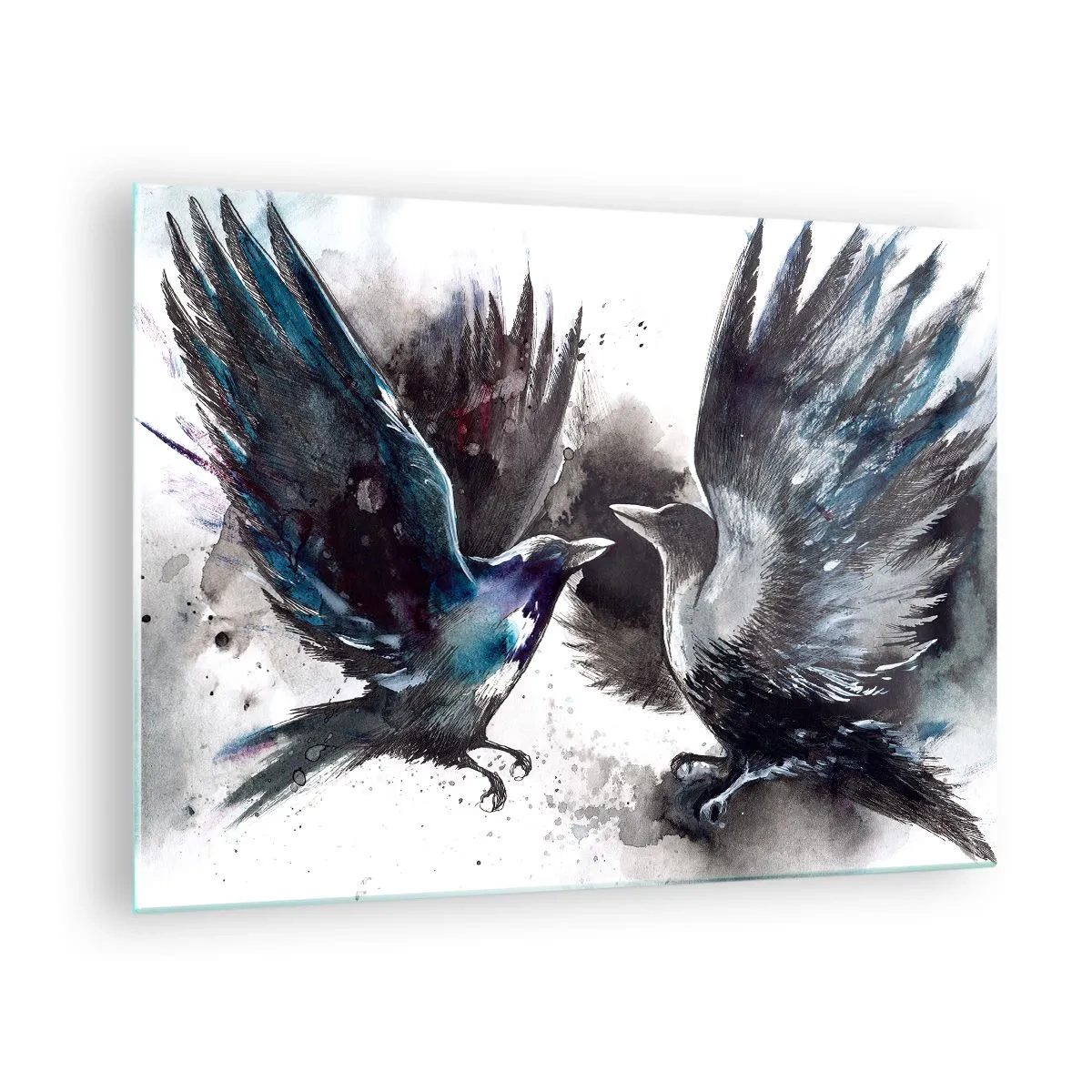 Quadro em vidro - Dois corvos em pose dinâmica com asas abertas - 70x50cm - De corvo a corvo... - Decoração de parede moderna para a sala de estar e quarto ARTTOR
