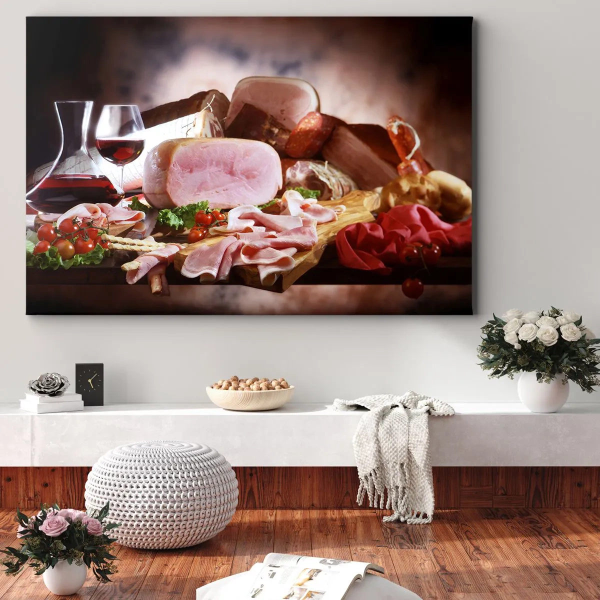 Quadro em tela - Frios com vinho em fundo rústico - 70x50cm - Um sonho culinário com uma jarra - Decoração de parede moderna para a sala de estar e quarto ARTTOR