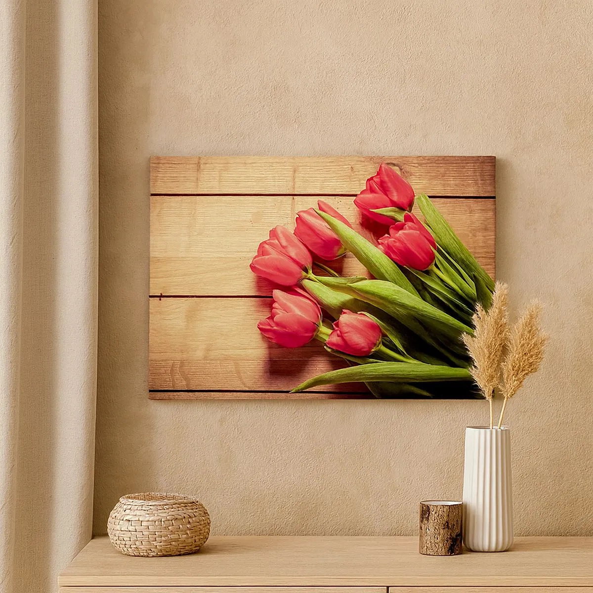 Quadro em tela - Um buquê de tulipas rosa em um fundo de madeira - 70x50cm - Declaração de primavera - Decoração de parede moderna para a sala de estar e quarto ARTTOR