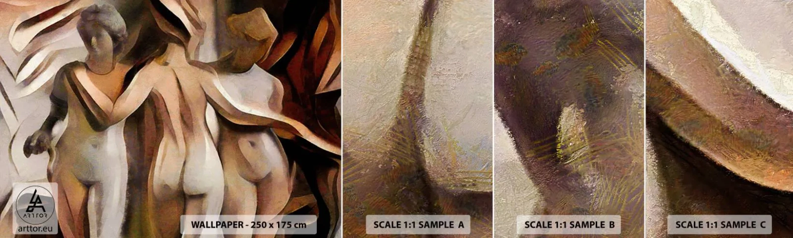 Amostra de papel de parede autocolante Deluxe Sticker - Três Graças 2.0 - Mulher, Cubismo, Pedaço - 100x30 cm