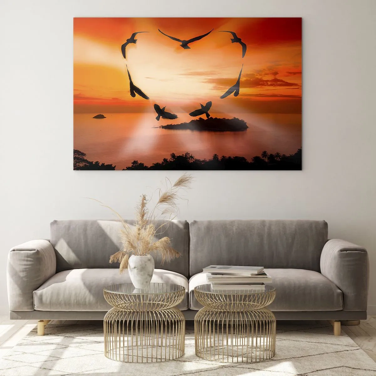 Quadro em vidro - Pássaros formando um coração tendo como pano de fundo o pôr do sol - 70x50cm - Ame o mundo como pássaros - Decoração de parede moderna para a sala de estar e quarto ARTTOR