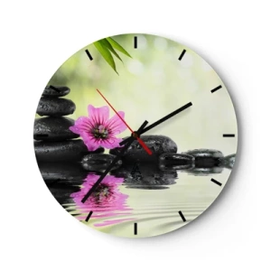 Relógio de parede - Relógio em vidro - Pedras zen com uma flor rosa sobre um fundo natural - 30x30cm - Tempo para a alma - Decoração de parede moderna para a sala de estar, cozinha e quarto ARTTOR