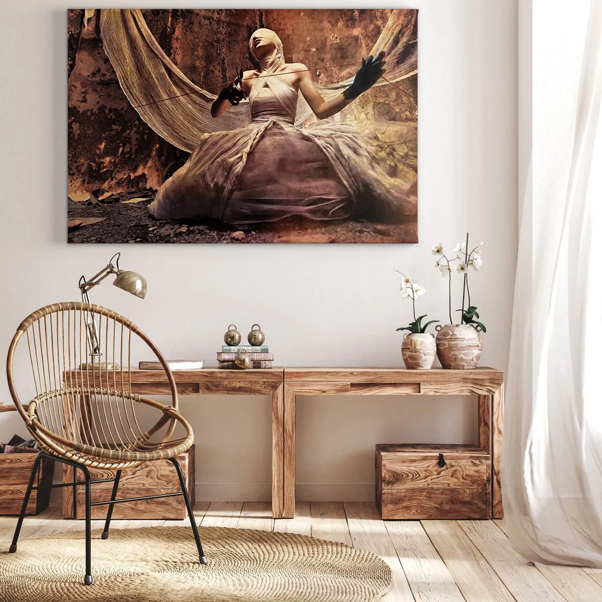 Quadro em tela - Uma mulher de vestido com o rosto coberto e uma tesoura nas mãos - 70x50cm - Deusa do destino - Decoração de parede moderna para a sala de estar e quarto ARTTOR