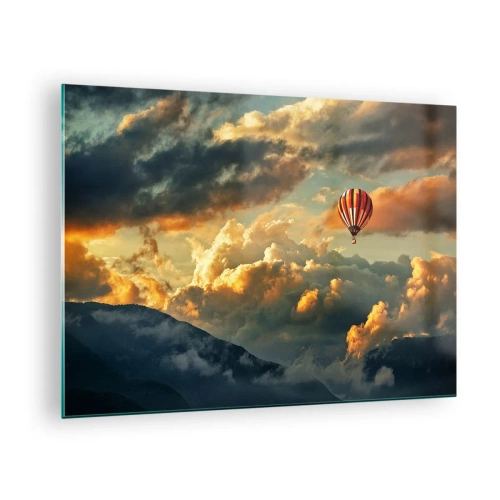 Quadro em vidro - Um balão flutuando acima das montanhas entre as nuvens ao pôr do sol - 70x50cm - Eu voo porque sou livre - Decoração de parede moderna para a sala de estar e quarto ARTTOR