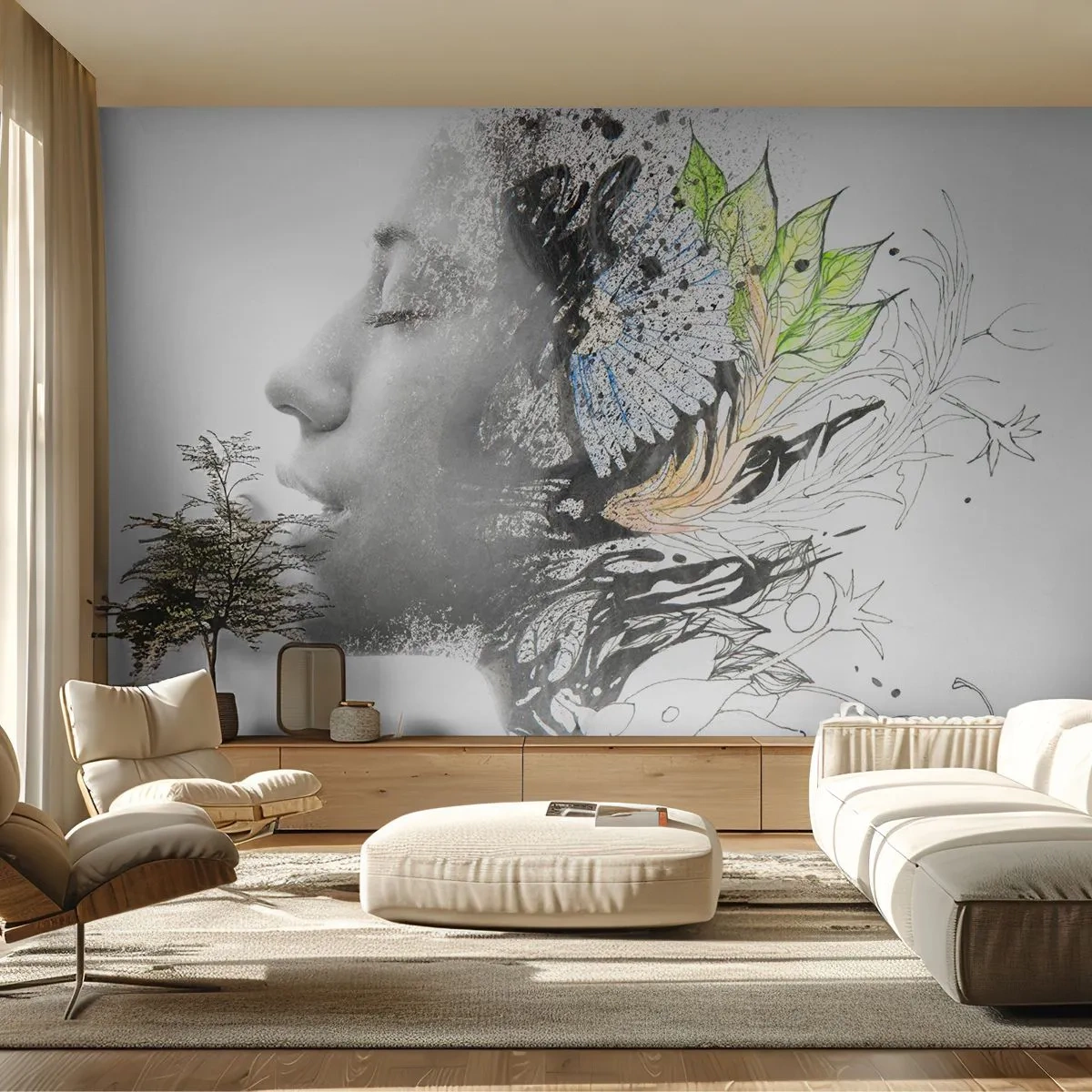 Papel de Parede Standard Eco - Retrato de uma mulher em abstração artística - 100x70cm - Imersa na natureza - Decoração de parede moderna para a sala de estar e quarto ARTTOR