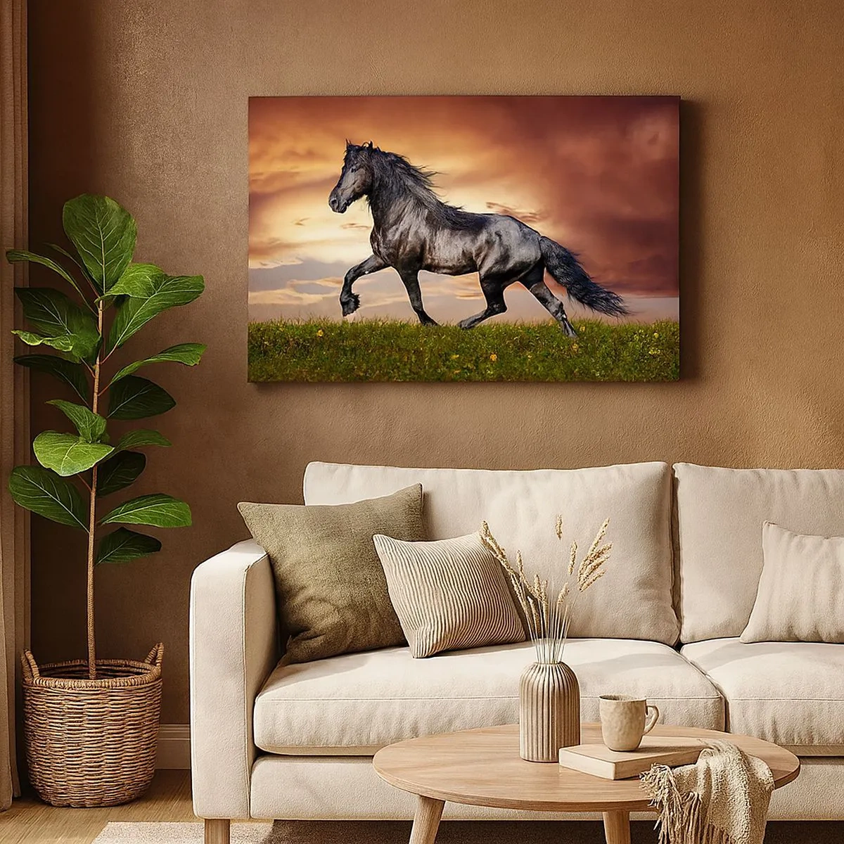Quadro em tela - Um cavalo preto galopando contra o pôr do sol - 70x50cm - O Príncipe Negro - Decoração de parede moderna para a sala de estar e quarto ARTTOR