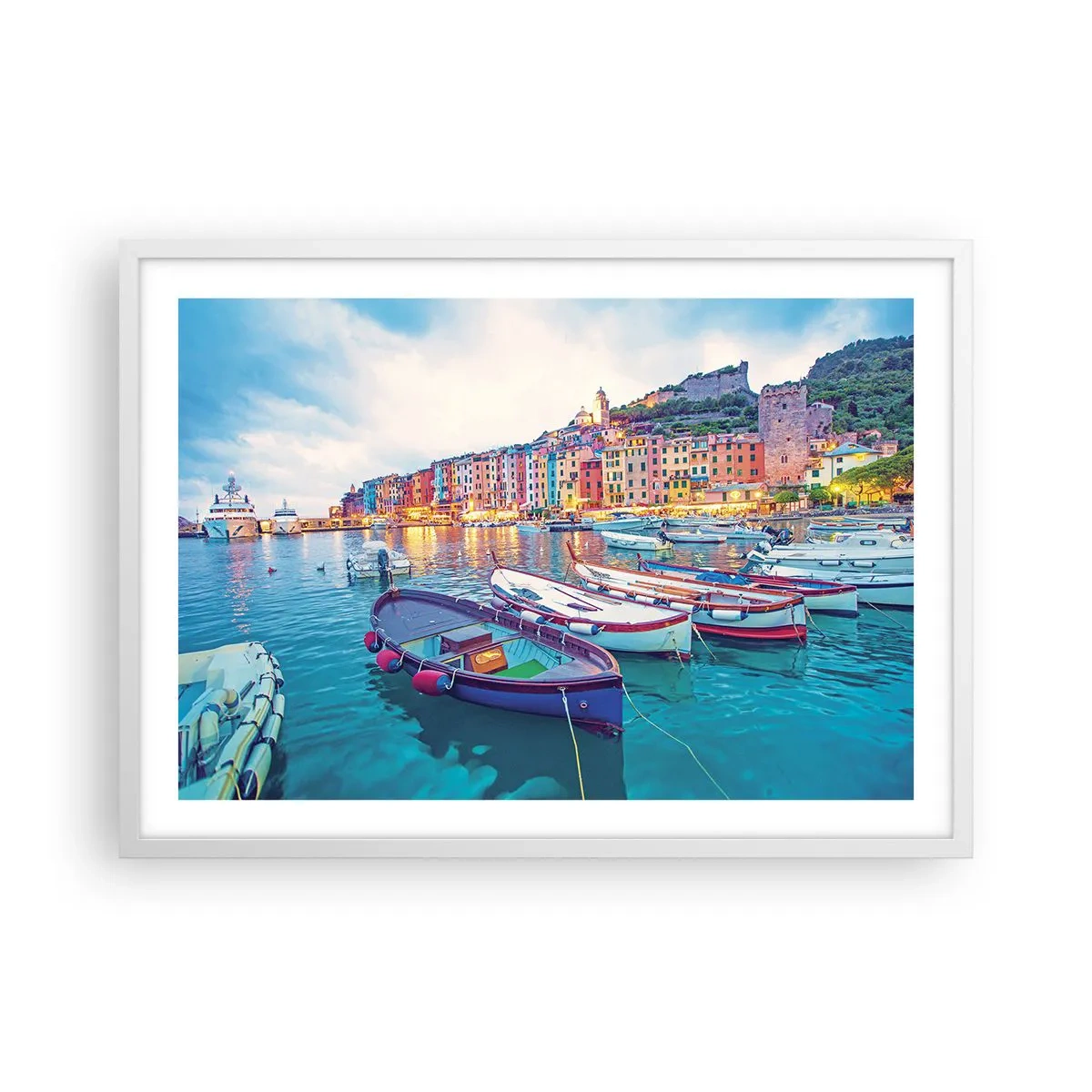 Pôster em moldura branca - Uma noite colorida no porto - 70x50 cm