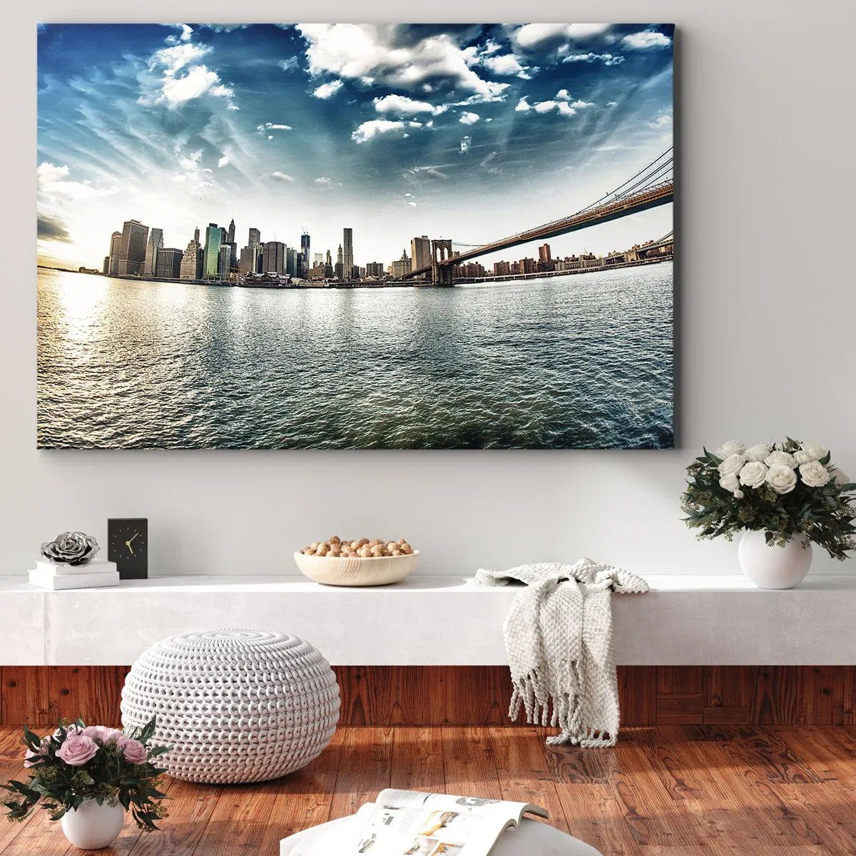 Quadro em tela - Panorama da cidade com uma ponte contra o céu azul - 70x50cm - Ilha de Vidro - Decoração de parede moderna para a sala de estar e quarto ARTTOR